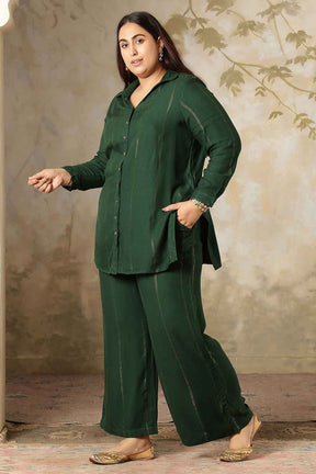 Plus Size Emerald Green Golden Pin Striped Shirt Coord Set