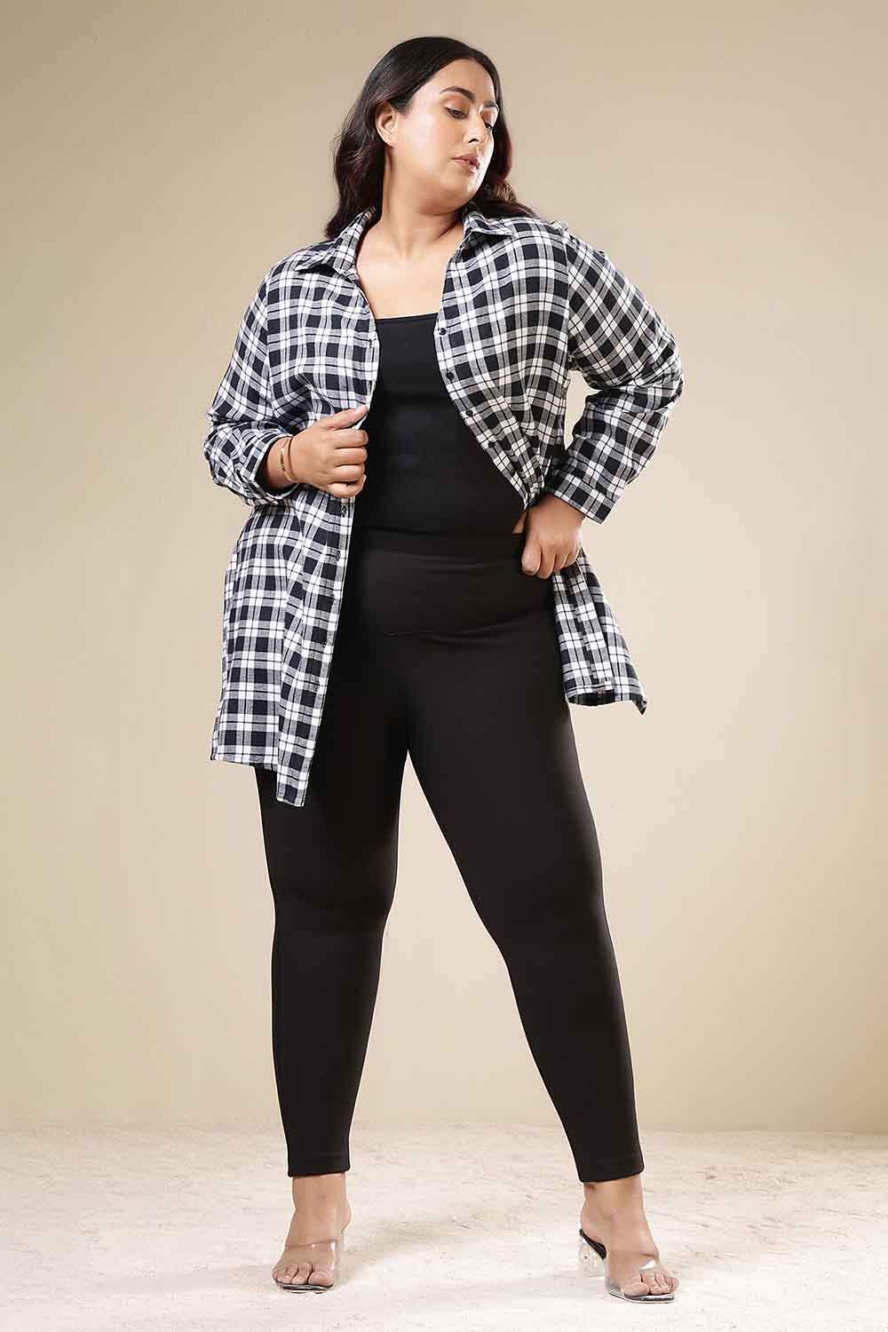 Plus Size Black & White Check Cotton Flannel Longline Shirt