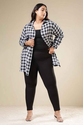 Plus Size Black & White Check Cotton Flannel Longline Shirt