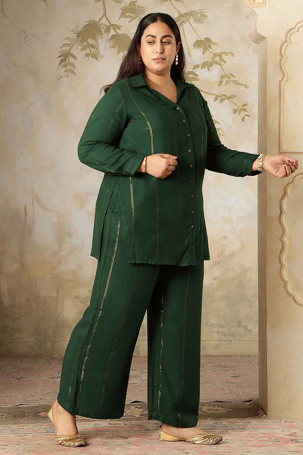 Plus Size Emerald Green Golden Pin Striped Shirt Coord Set for Women