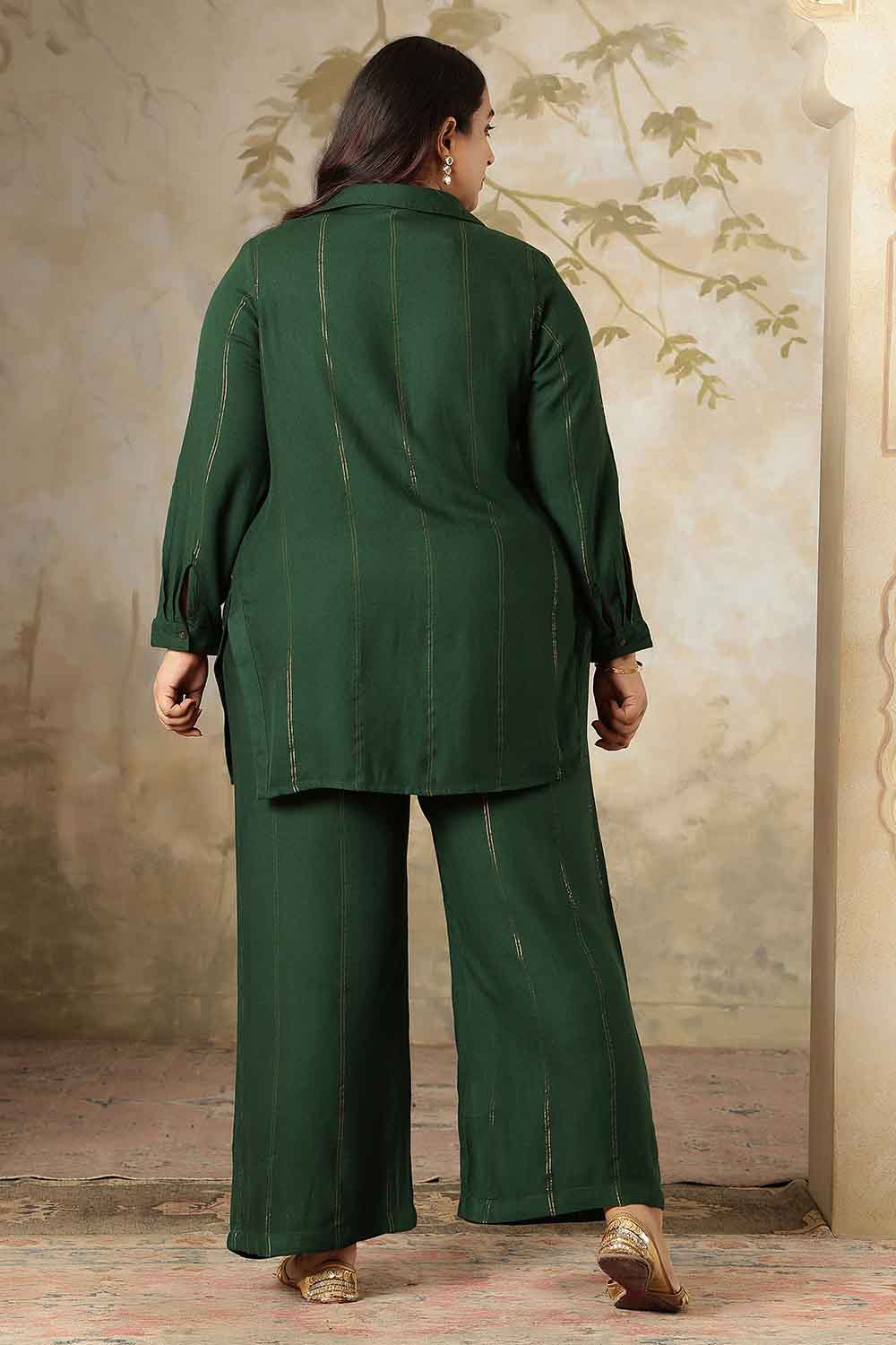 Plus Size Emerald Green Golden Pin Striped Shirt Coord Set