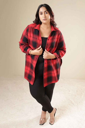 Plus Size Red & Black Check Cotton Flannel Longline Shirt