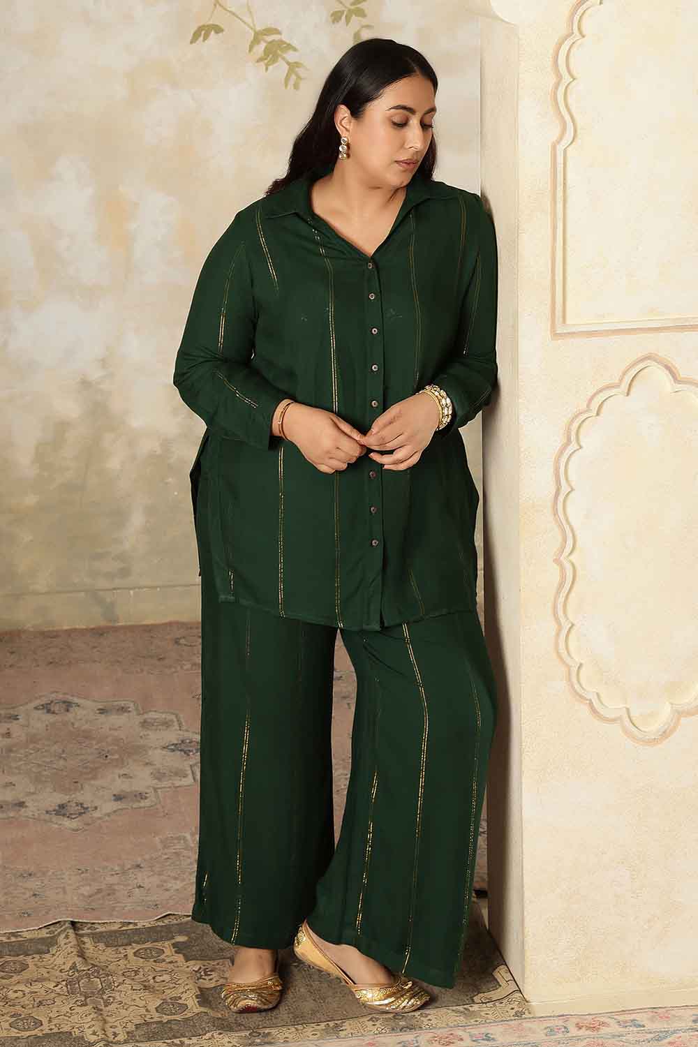 Plus Size Emerald Green Golden Pin Striped Shirt Coord Set