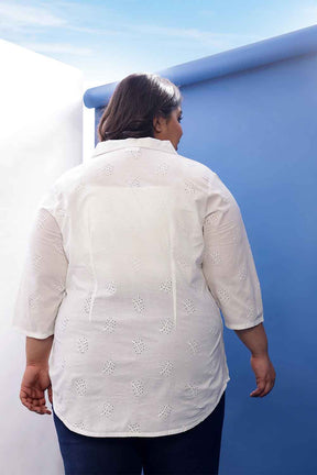 Plus Size White Cotton Schiffli Cuban Collar Shirt