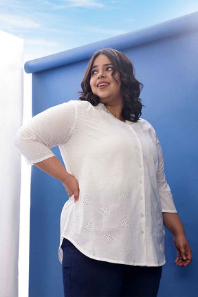 Plus Size White Cotton Schiffli Cuban Collar Shirt