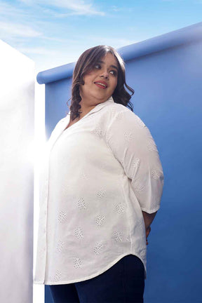 Plus Size White Cotton Schiffli Cuban Collar Shirt