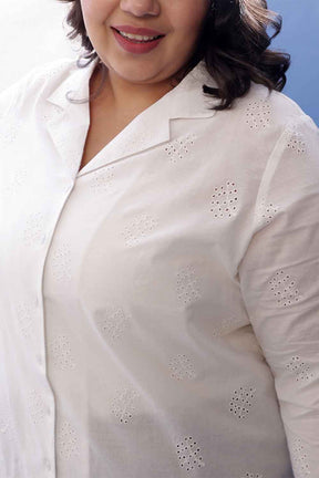 Plus Size White Cotton Schiffli Cuban Collar Shirt