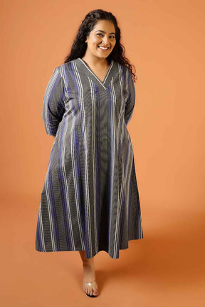 Plus Size Grey & Blue Striped Cotton Midi Dress