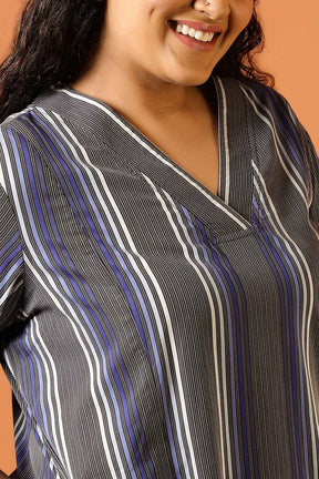 Plus Size Grey & Blue Striped Cotton Midi Dress