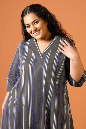 Plus Size Grey & Blue Striped Cotton Midi Dress