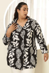 Plus Size Black White Leaf Print High Slit Longline Shirt