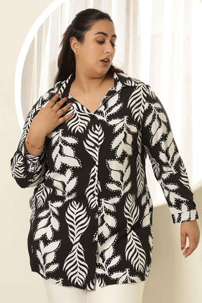 Plus Size Black White Leaf Print High Slit Longline Shirt