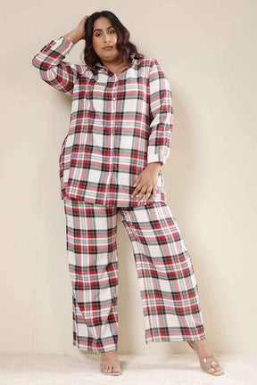 Plus Size Red & White Checkered Cotton Flannel Shirt Coord Set