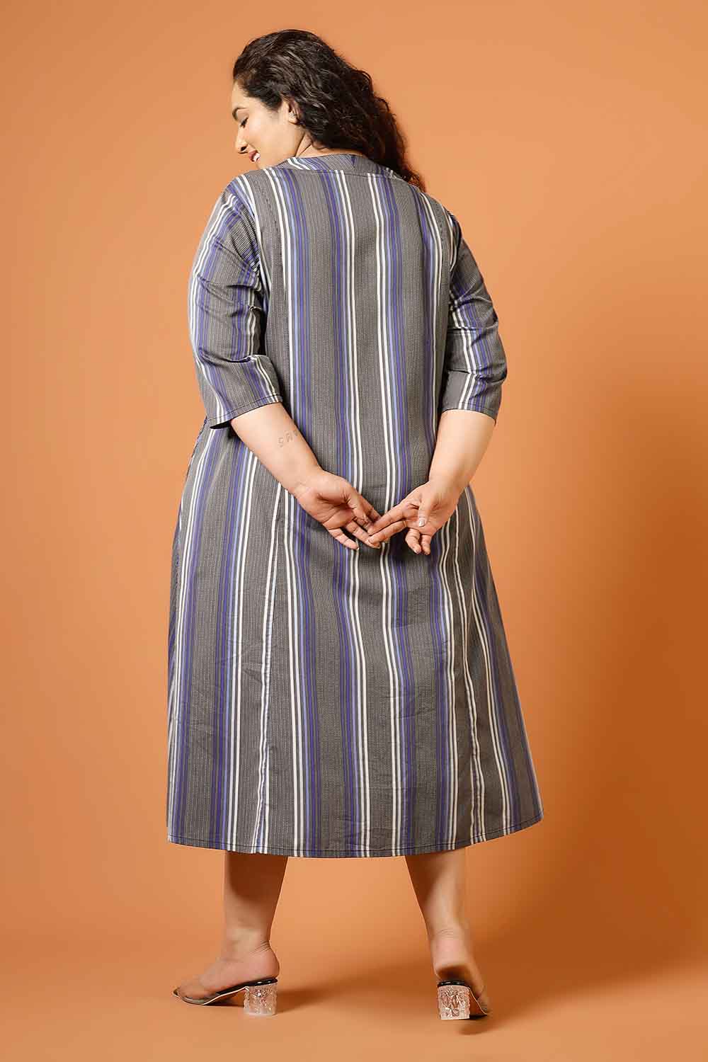 Plus Size Grey & Blue Striped Cotton Midi Dress