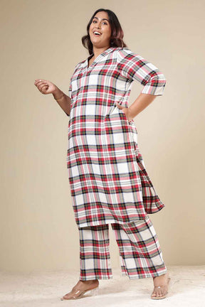 Plus Size Red & White Checkered Cotton Flannel Kurta Coord Set