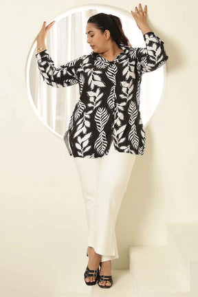 Plus Size Black White Leaf Print High Slit Longline Shirt