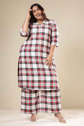 Plus Size Red & White Checkered Cotton Flannel Kurta Coord Set