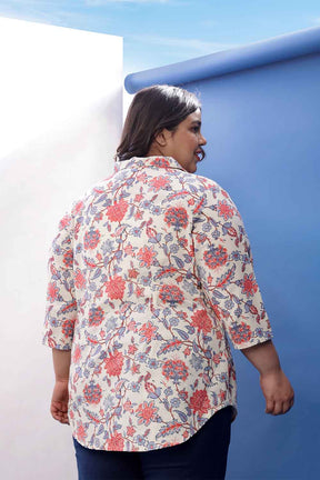 Plus Size Floral Printed Cuban Collar Cotton Linen Shirt