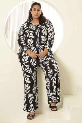Plus Size White Black Leaf Print Shirt Coord Set