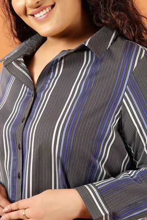 Plus Size Grey & Blue Striped Cotton Shirt Dress