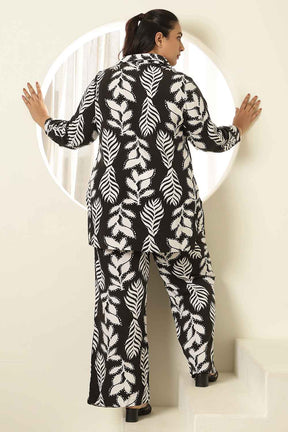 Plus Size White Black Leaf Print Shirt Coord Set
