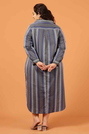 Plus Size Grey & Blue Striped Cotton Shirt Dress