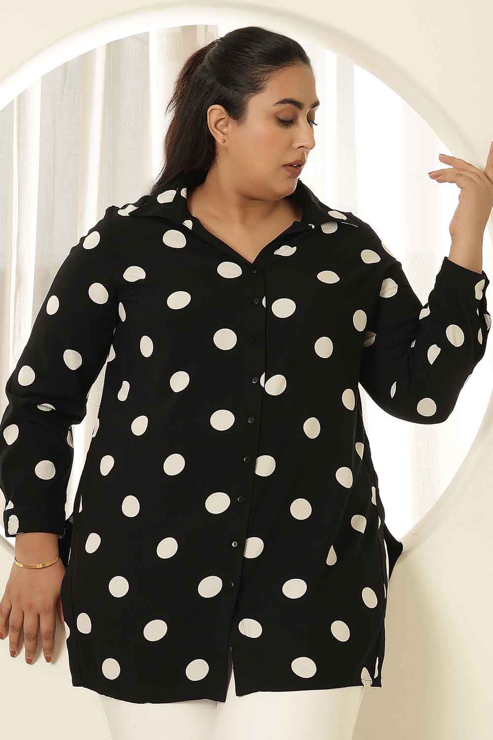 Plus Size Black Polka Print High Slit Longline Shirt