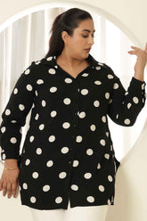 Plus Size Black Polka Print High Slit Longline Shirt