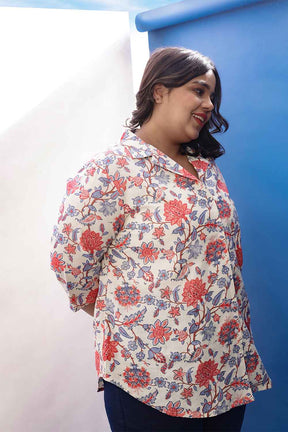 Plus Size Floral Printed Cuban Collar Cotton Linen Shirt
