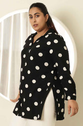 Plus Size Black Polka Print High Slit Longline Shirt