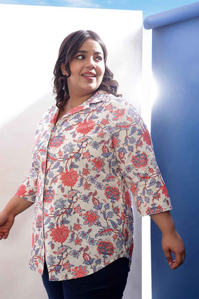 Plus Size Floral Printed Cuban Collar Cotton Linen Shirt