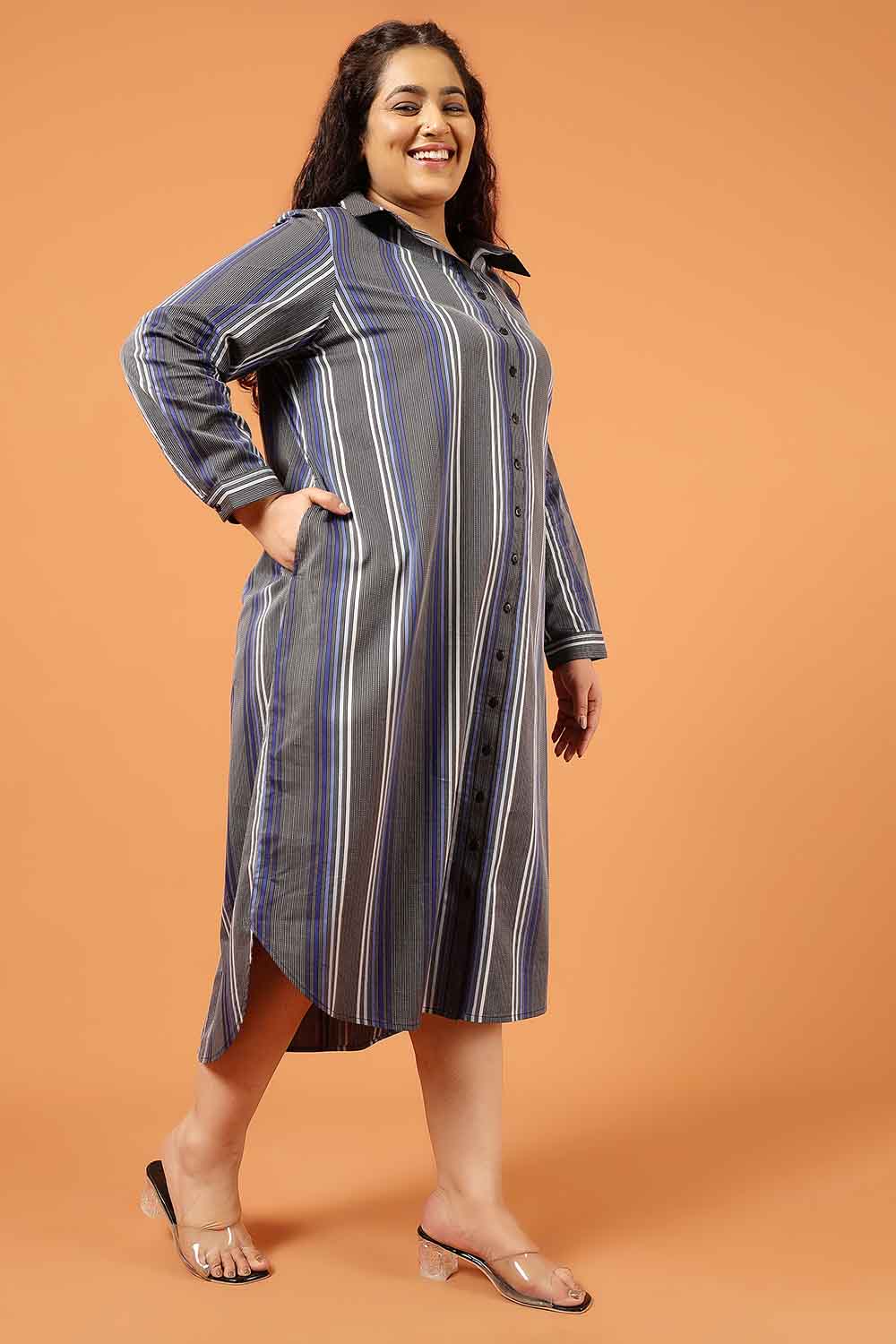 Plus Size Grey & Blue Striped Cotton Shirt Dress for Women