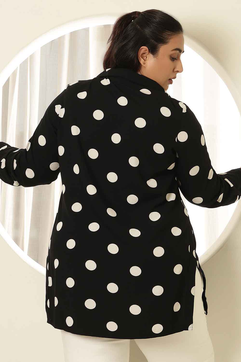 Comfortable Plus Size Black Polka Print High Slit Longline Shirt