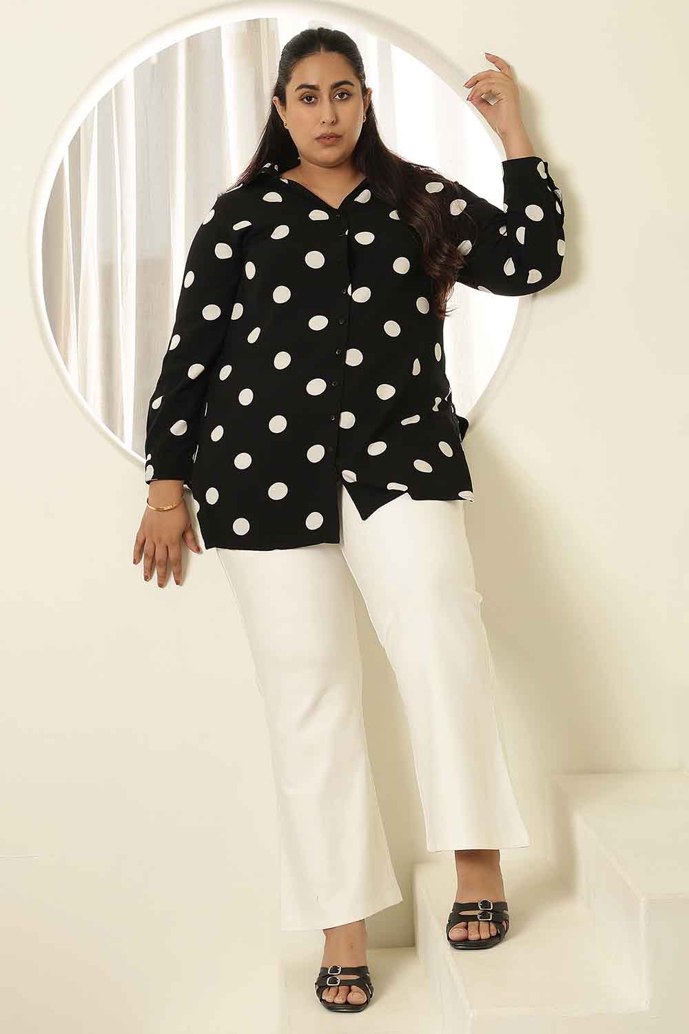 Plus Size Black Polka Print High Slit Longline Shirt