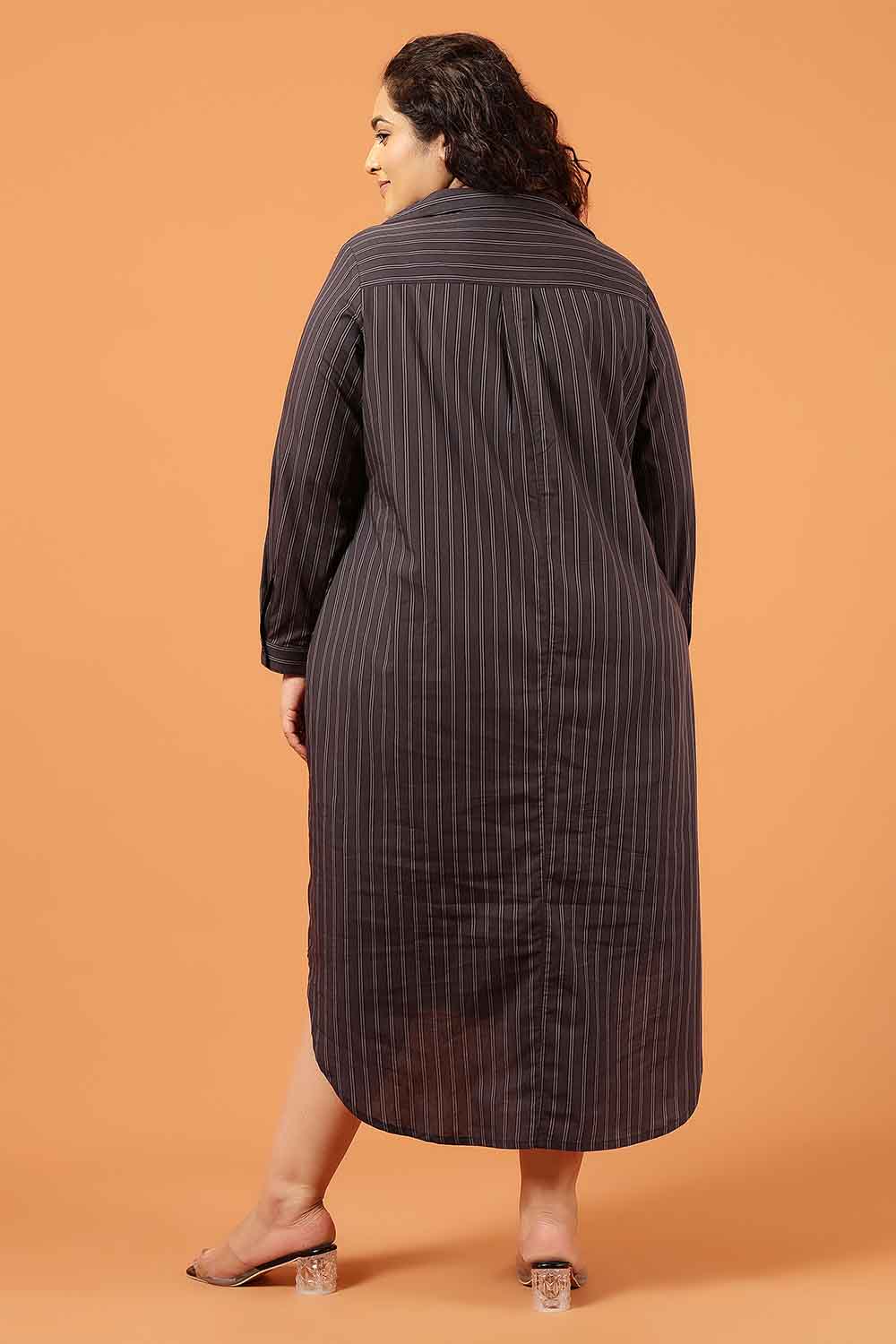 Plus Size Black Pinstripe Cotton Shirt Dress