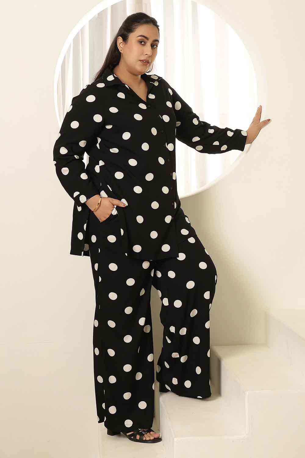 Plus Size Plus Size Black Polka Printed Shirt Coord Set