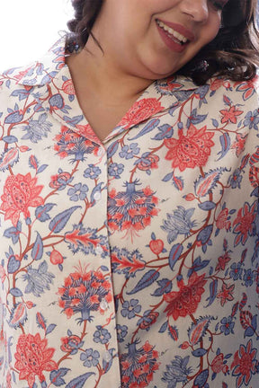 Plus Size Floral Printed Cuban Collar Cotton Linen Shirt