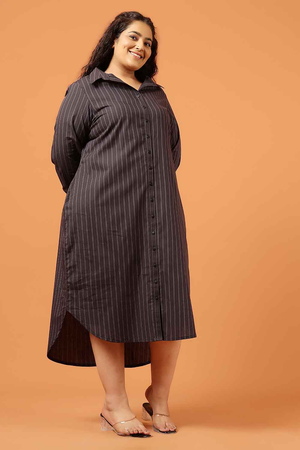 Plus Size Plus Size Black Pinstripe Cotton Shirt Dress