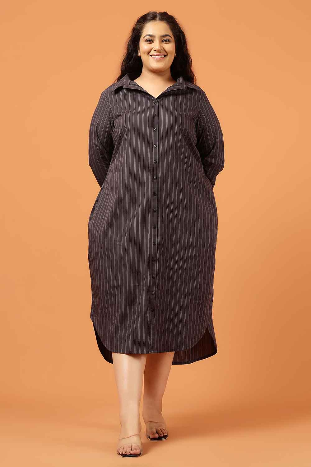 Plus Size Black Pinstripe Cotton Shirt Dress