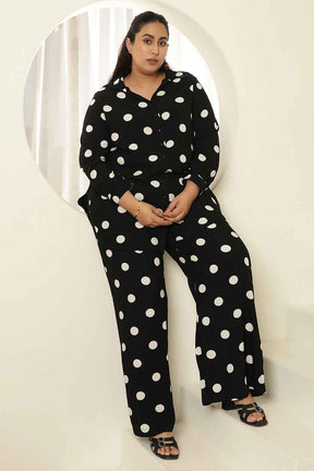 Plus Size Black Polka Printed Shirt Coord Set