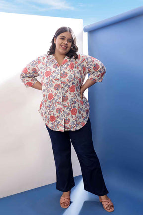 Plus Size Floral Printed Cuban Collar Cotton Linen Shirt