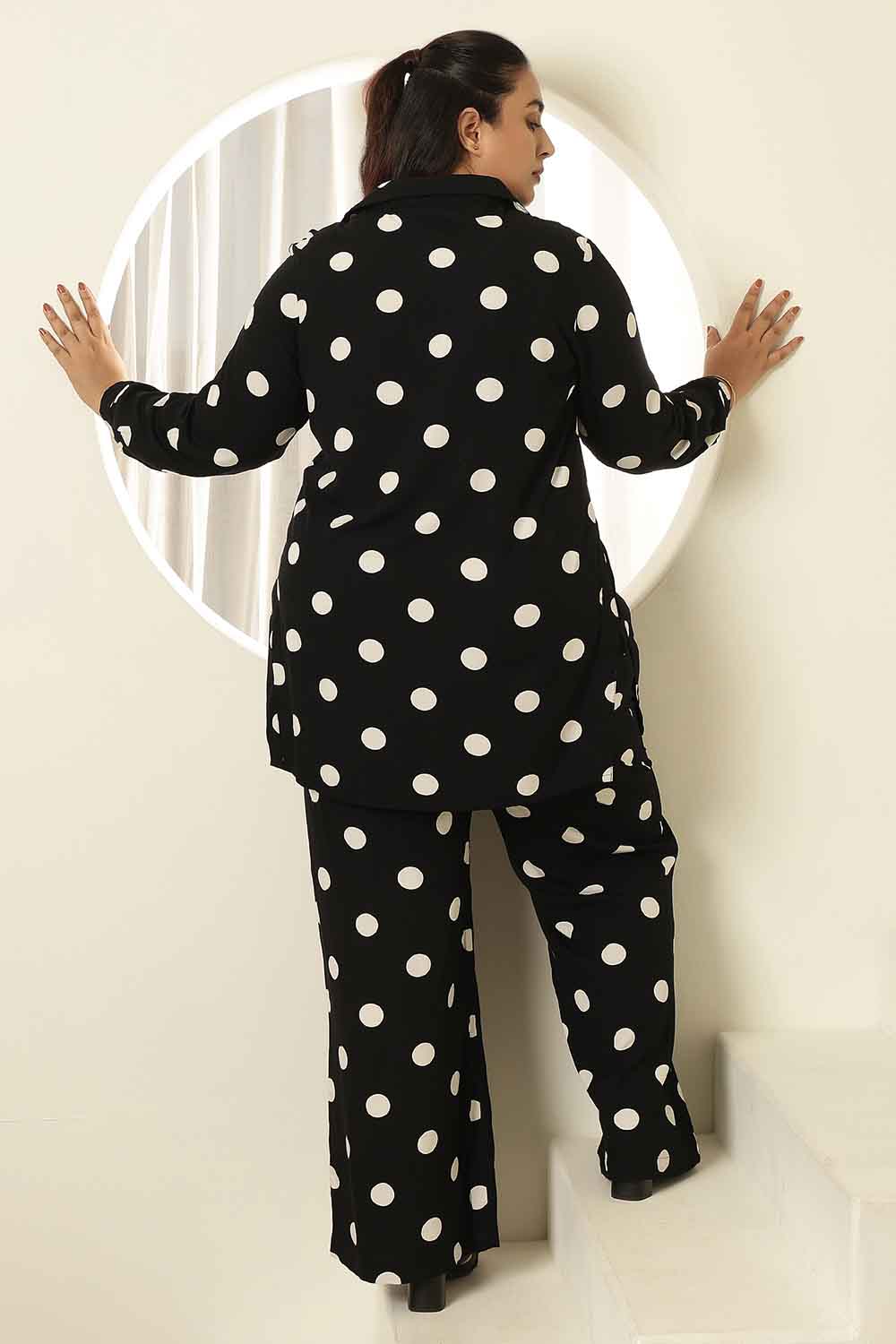 Plus Size Black Polka Printed Shirt Coord Set for Women