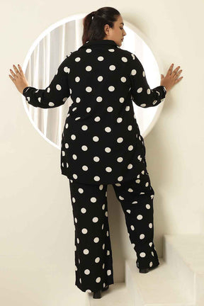 Plus Size Black Polka Printed Shirt Coord Set