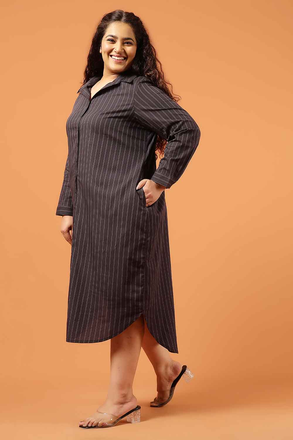 Plus Size Black Pinstripe Cotton Shirt Dress