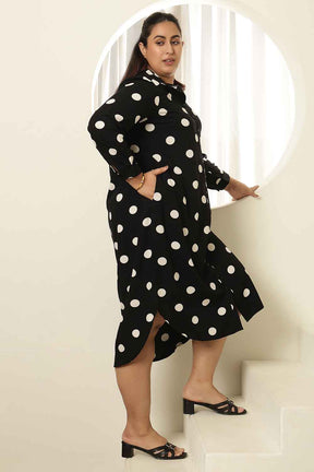 Plus Size Black Polka Print Shirt Dress