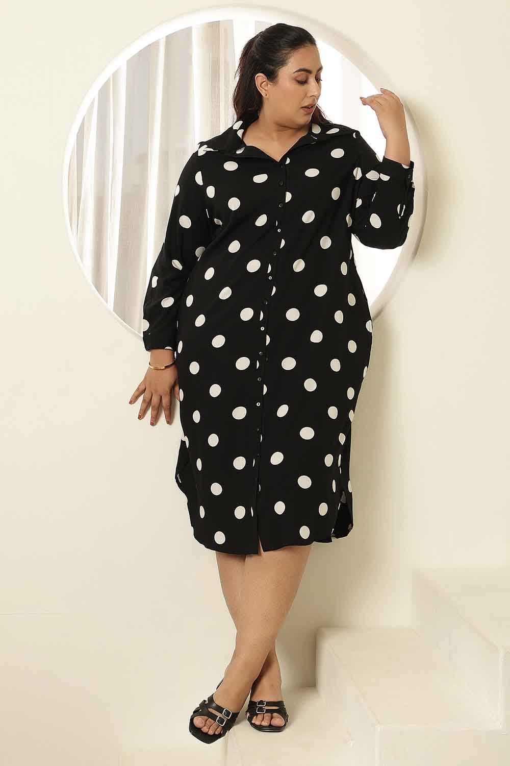 Plus Size Black Polka Print Shirt Dress
