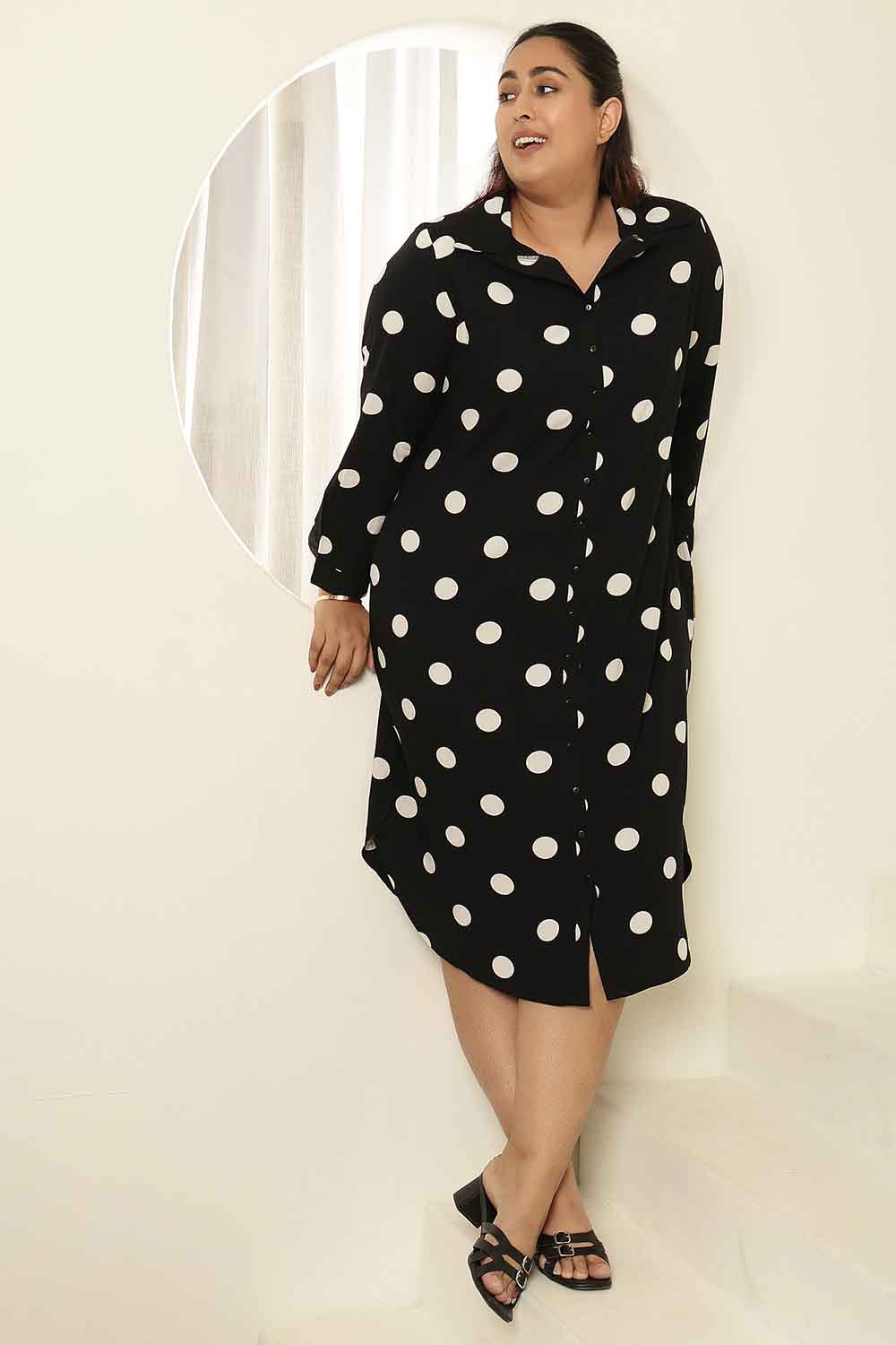 Plus Size Black Polka Print Shirt Dress