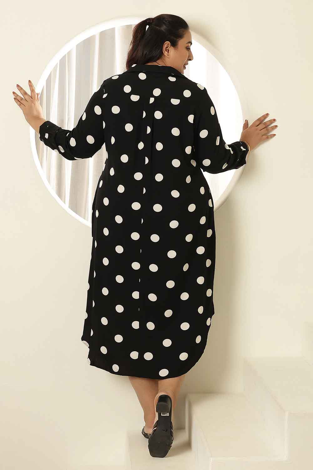 Plus Size Black Polka Print Shirt Dress