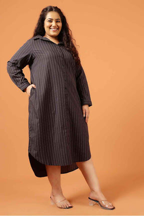 Plus Size Black Pinstripe Cotton Shirt Dress