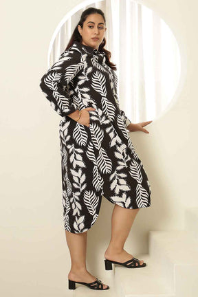 Plus Size Black White Leaf Print Shirt Dress